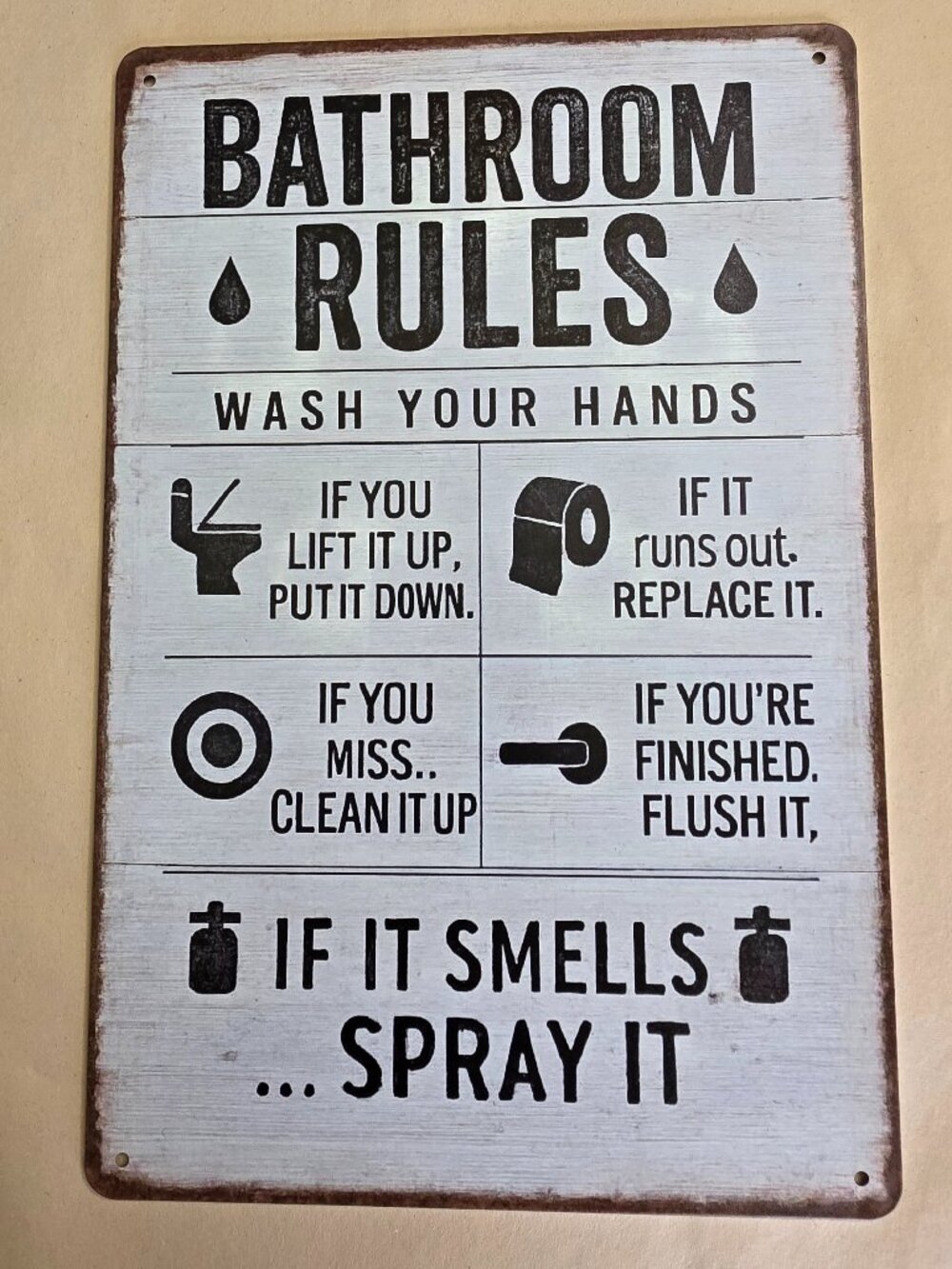 Funny Bathroom Rules 8x12 Vintage Metal Wall Sign